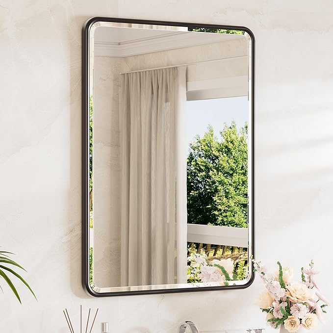 Black Bathroom Mirror for Over Sink 24 x 36 Beveled Edge Tempered Glass, Rounded Corner Rectangle Framed Mirror for Modern Bathroom, Living Room, Bedroom, Entryway