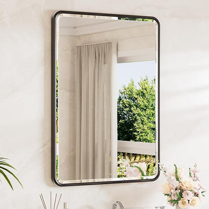 Black Bathroom Mirror for Over Sink 24 x 36 Beveled Edge Tempered Glass, Rounded Corner Rectangle Framed Mirror for Modern Bathroom, Living Room, Bedroom, Entryway