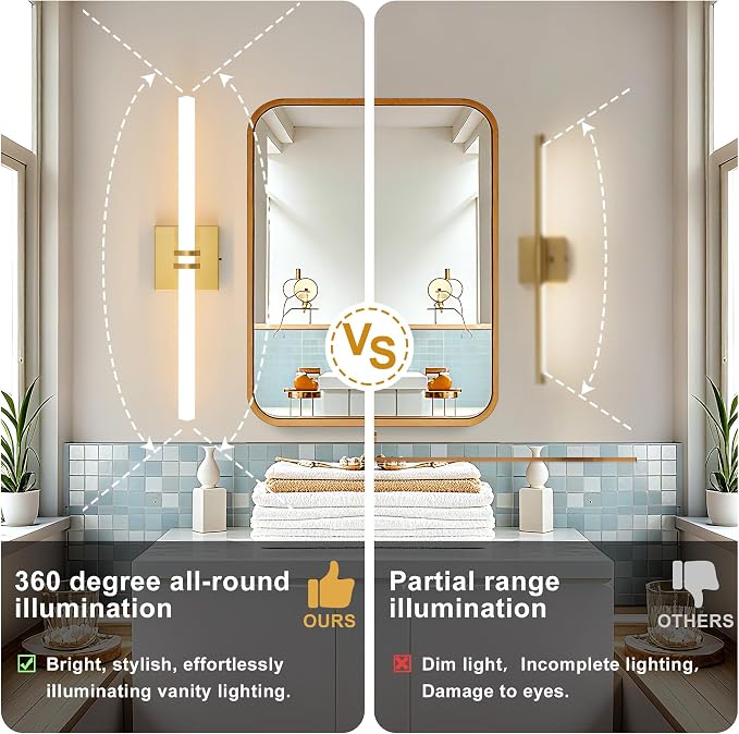 Gold Bathroom Light Fixture LED Vanity Light 22" Wall Sconce | 5CCT Dimmable Wall Light, Modern 360° Lighting, 18W Hardwired Vanity Light for Bathroom, Flicker-Free