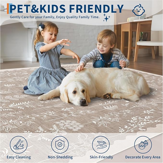 GarveeHome Washable 8x10 Area Rugs for Living Room Scalloped Floral Bedroom Rug, Non-Slip Stain Resistant Dining Table Carpet, Botanical Large Rug Neutral Carpet for Farmhouse Dorm Home Office, Taupe