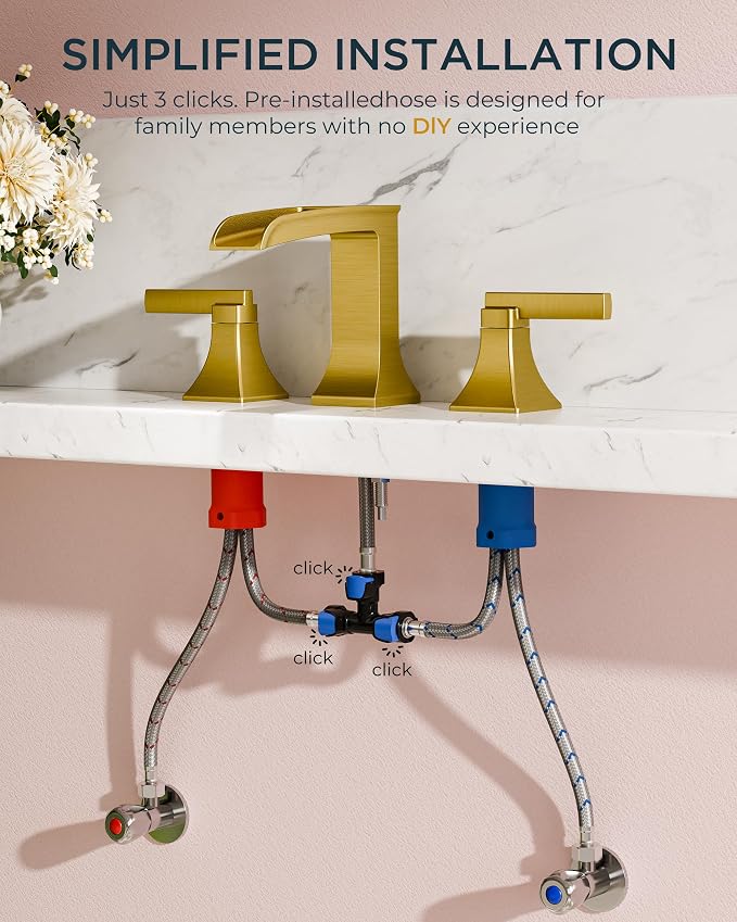 FORIOUS Bathroom Faucet 3 Hole Widespread 8" Sink Faucets Brushed Gold | 3-hole 4-12 Inch Widespread Sink, Square Waterfall Faucets, with Drain and Hoses,for Vanity Rv Commercial Lavatory Restroom