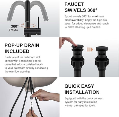 KENES Matte Black Tall Bathroom Faucet with Pull Out Sprayer, Pull Down Vessel Sink Faucet 1 Hole, Single Handle High Vanity Faucet with Pop Up Drain & Supply Lines, LJ-9065A-2