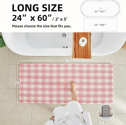 TYUU Waffle Runner Rug Bathroom, Long Cute Bath Mat, 60x24 Pink & White | Super Absorbent Quick Dry Bath Rug, Non-Slip Backing, Soft Waffle Washable Farmhouse Bathroom Mats, Tub, Shower & Home Decor