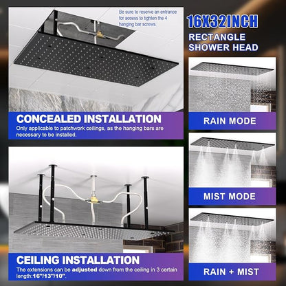 2-Functions Luxury High Pressure Rain Shower Head, 16"x32" Large Ceiling Full Body Shower Head with Silicone Nozzles Rectangle Mist Showerhead, Black Finish