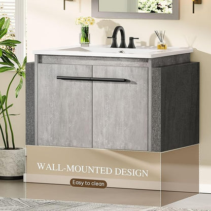 DWVO 24" Bathroom Vanity with Sink Combo, Wall Mounted Modern Bathroom Cabinet with Ceramic Sink, Large Storage Double Soft-Close Doors Cabinet Vanity, Grey