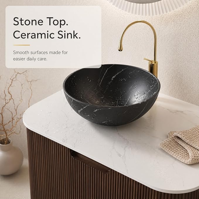30 Inch Bathroom Vanity with Sink, Floating Wall Mounted Single Sink Vanity, Dark Walnut Curved Fluted Front, Stone Top, Black Marble Vessel Basin, Pre-Assembled