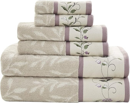 Madison Park Serene 100% Cotton Bath Towel Set Luxurious Floral Decorative Towels for Bathroom Embroidered Cotton Jacquard Design Soft Highly Absorbent for Shower 600 GSM, Multi-Sizes, Purple 6 Piece | Luxurious Floral Decorative Towels for Bathroom, E...