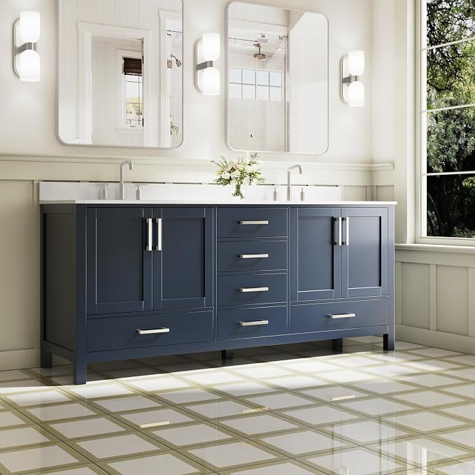 80-Inch Bathroom Vanity with Sink, 4 Soft-Close Doors and 6 Soft-Close Drawers, Bathroom Freestanding Vanity with Cultured Marble Countertop, Navy Blue Vanity with Brushed Nickel Handles
