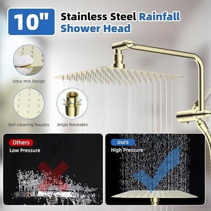 10" Metal Rainfall Shower Head with 10-Mode Handheld, Shiny Gold | NSF/ANSI/CAN 372 Certified, High Pressure Showerhead Combo with 11" Adjustable Shower Arm, 71" Hose, Shower Head Holder
