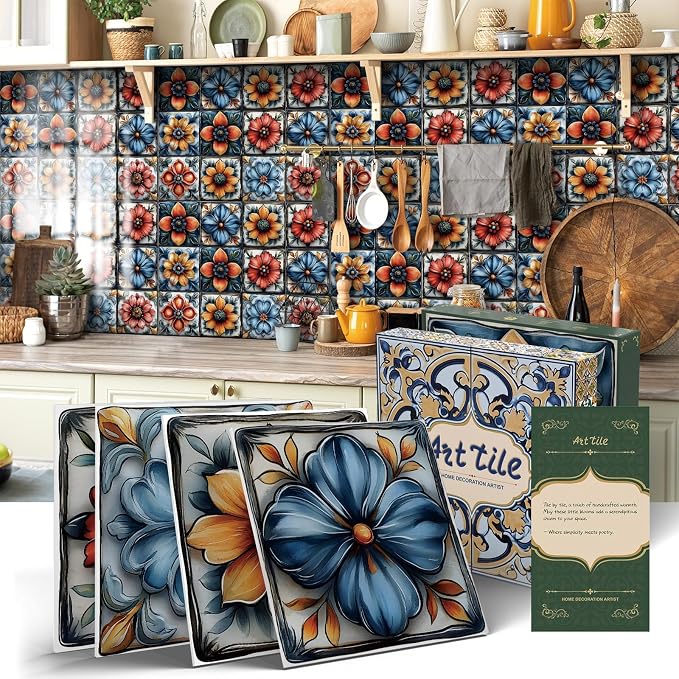 Tile Decals with Vintage Flower Pattern, 6X6IN-12 Pcs | 1.6mm-Thick FOAM+PE Tiles,Strong Adhesive, Waterproof Sticker Decals for Kitchen,Bathroom,Cabinets