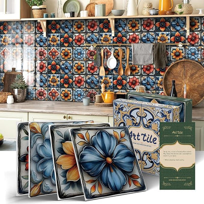 Tile Decals with Vintage Flower Pattern, 6X6IN-12 Pcs | 1.6mm-Thick FOAM+PE Tiles,Strong Adhesive, Waterproof Sticker Decals for Kitchen,Bathroom,Cabinets