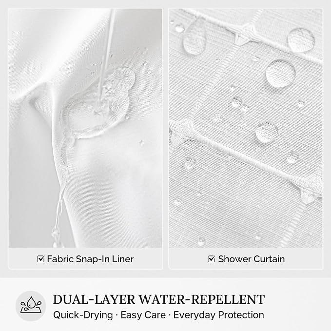 RiverDream Farmhouse No Hooks Shower Curtain with Snap-in Liner,White,71x80 | Snap on Fabric Liner,Heavy Duty,Quick Dry,Mesh Top Window,With Bottom Magnets,Washable,with Tassels,Long Size