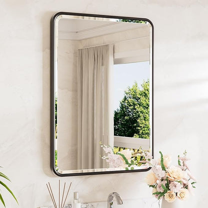 Black Mirror 20 x 30 Beveled Edge Tempered Glass, Rounded Corner Rectangle Bathroom Mirror for Over Sink for Modern Bathroom, Living Room, Bedroom, Entryway