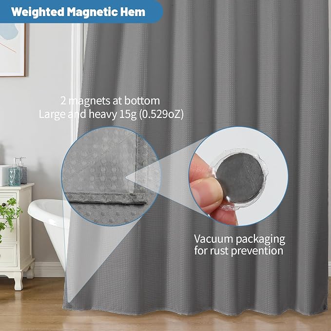 2-in-1 Waterproof Fabric Shower Curtain - No Separate Liner Needed, Hotel-Style Waffle Weave, Effortless Cleaning & Washable Bathroom Shower Curtain Set,60Wx84H,Grey