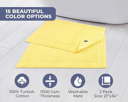 Hawmam Linen Yellow Bath Mats, 21 x 34 inches, Pack of 2-100% Ring Spun Cotton,[Not a Bathroom Rug] Banded Design, Highly Absorbent, Machine Washable for Bathroom Floor Towel