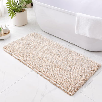 ILANGO Beige and White Bathroom Rugs 48" × 24" Non Slip & Super Absorbent Extra Thick Soft, Washable Bath Mat for Floor, Microfiber Plush Shaggy Bath Rug with Rubber for Bathtub Shower Room Sink