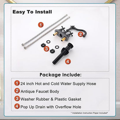 Oil Rubbed Bronze Bathroom Faucet 2 Hole, 4 Inch Centerset Antique Bathroom Faucet with Pop Up Drain and Supply Hose, Modern Bathroom Faucet Vanity Faucet, SE-0038-ORB