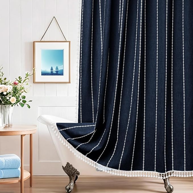 Seenus 72 x 76 inch Extra Long Boho Chic Shower Curtain Heavyweight with Tassels, Navy Linen Textured Fabric Farmhouse Shower Curtain, Elegant White Striped Bathroom Curtain Water Repellent