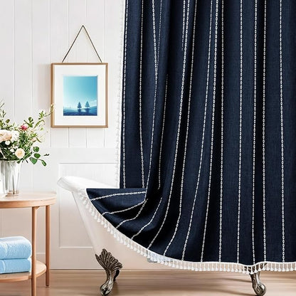 Seenus 72 x 76 inch Extra Long Boho Chic Shower Curtain Heavyweight with Tassels, Navy Linen Textured Fabric Farmhouse Shower Curtain, Elegant White Striped Bathroom Curtain Water Repellent