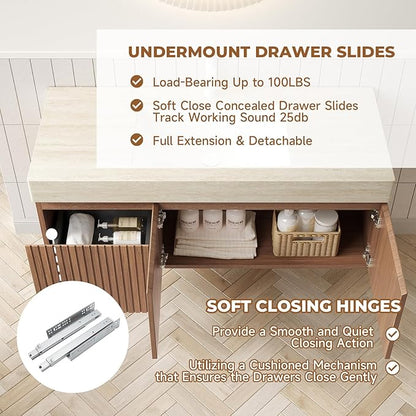 LKTART Floating 48 Inch Bathroom Vanity with Sink, Modern Plywood Wall Mounted Bathroom Storage Cabinet with 2 Doors and 1 Drawer, Roma Travertine-Pattern Sintered Stone Countertop and Ceramic Basins