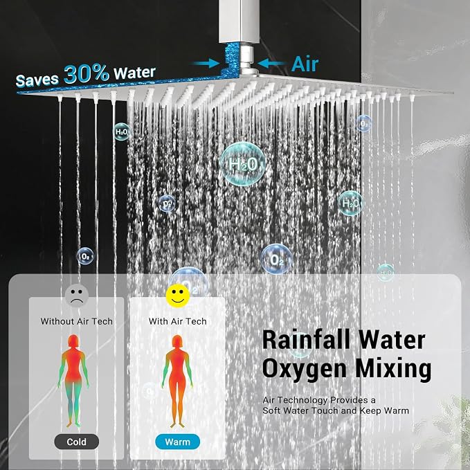 10" Square Ceiling Rain Shower Faucet Set, Brushed Nickel | Anti-scald cartridge, air tech boosts pressure 30%, dual spray, NPT 1/2