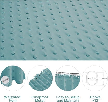 Extra Long Boho Shower Curtain Woven Fabric 84 Inch Teal Shower Curtain, 72 x 84 Tufted Pleat Floral Puffs Textured Modern Minimalist Shower Curtain Set with Hooks for Bathroom