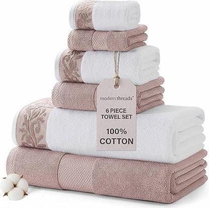 Modern Threads 600 GSM 6-Piece Towel Set with Filgree Jacquard Border Rose