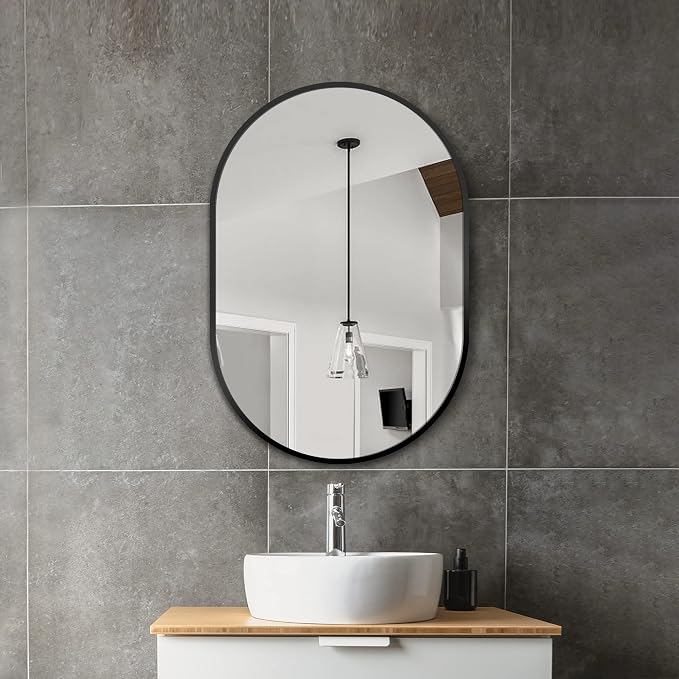 30x20 Black Oval Bathroom Mirror for Over Sink, Aluminum Frame | HD Reflection No Distortion, Aluminum Frame, Mounting Hardware for Vertical or Horizontal Mount