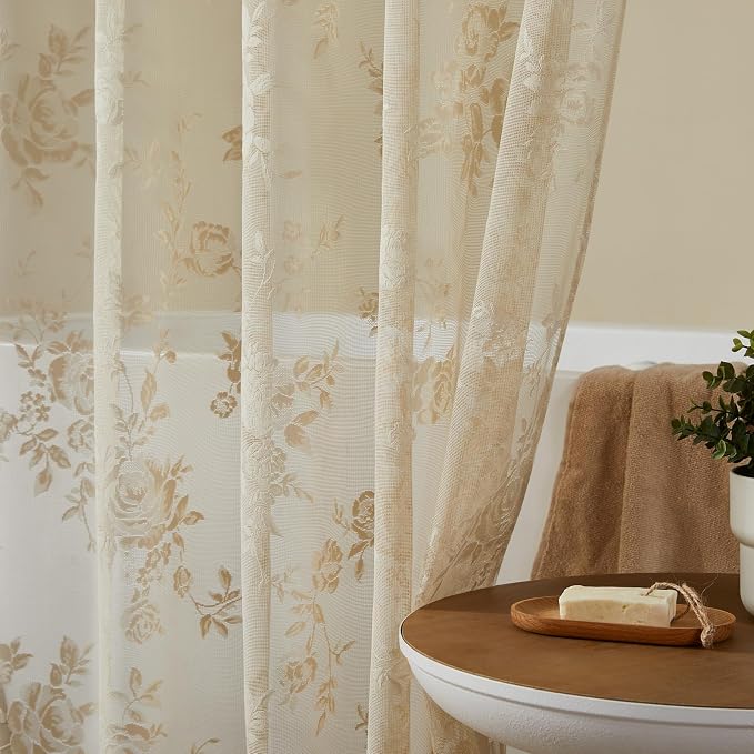 Beige Lace Shower Curtain with Attached Valance Decorative Vintage Floral Shower Curtain for Bathroom Spa Boho Cottagecore Decor Scalloped Edge Shabby Chic Bath Curtains Spa-like Hotel, 72 x 72 Inch