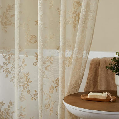 Beige Lace Shower Curtain with Attached Valance Decorative Vintage Floral Shower Curtain for Bathroom Spa Boho Cottagecore Decor Scalloped Edge Shabby Chic Bath Curtains Spa-like Hotel, 72 x 72 Inch