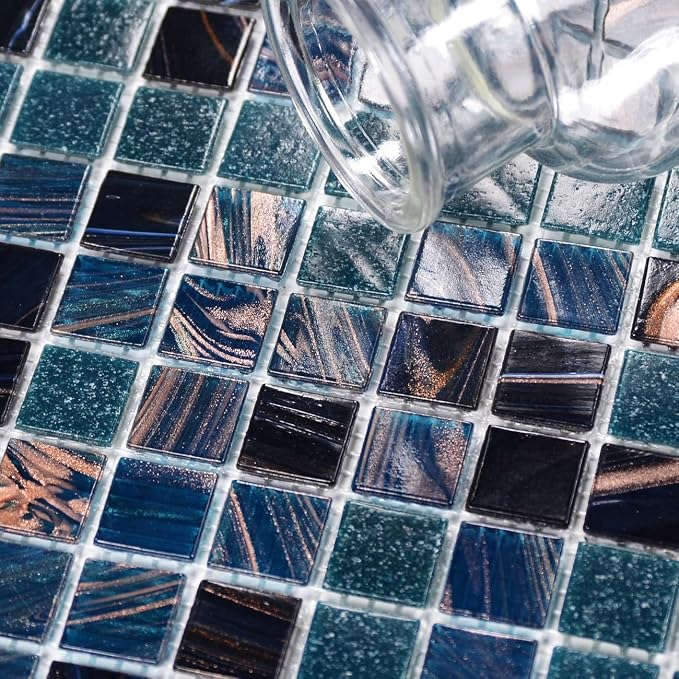 11.5 sq.ft Blue Glass Mosaic Tile for Bathroom, Pool, Kitchen Backsplash | Waterproof Wall & Floor Tile. Heat & frost resistant outdoors. Mesh-mounted easy install. Easy clean. 10pcs. Indigo Blue.