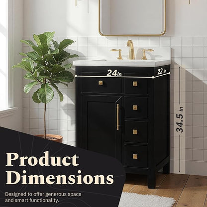 Lavanti Oakford 24 Inch Bathroom Vanity with Sink – Stylish Black Vanity Bathroom with Storage Cabinet – Modern Bathroom Vanities with Single Vanity Sink & Quartz Countertop