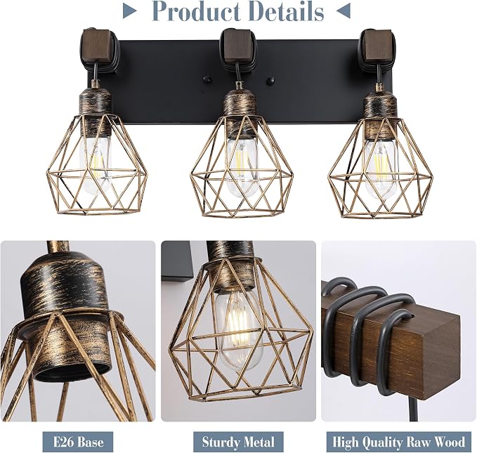 VbiTmn Black Gold Bathroom Light Fixtures, 3-Light Farmhouse Vanity Light | Wood Vanity Lights, Rustic Wall Mount Over Mirror for Bedroom & Hallway, Easy to Install, Sturdy Build for Bathroom Use