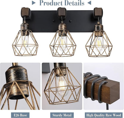 VbiTmn Black Gold Bathroom Light Fixtures, 3-Light Farmhouse Vanity Light | Wood Vanity Lights, Rustic Wall Mount Over Mirror for Bedroom & Hallway, Easy to Install, Sturdy Build for Bathroom Use
