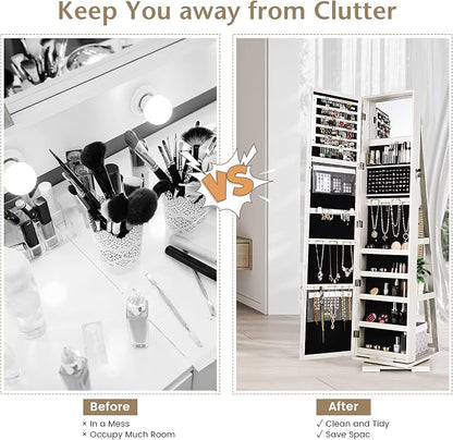 COSTWAY 360 Rotating Jewelry Armoire Cabinet, Standing Jewelry Organizer w/Full-Length Mirror & Large Storage Space, Lockable Mirror Jewelry Cabinet for Girls Women (White)