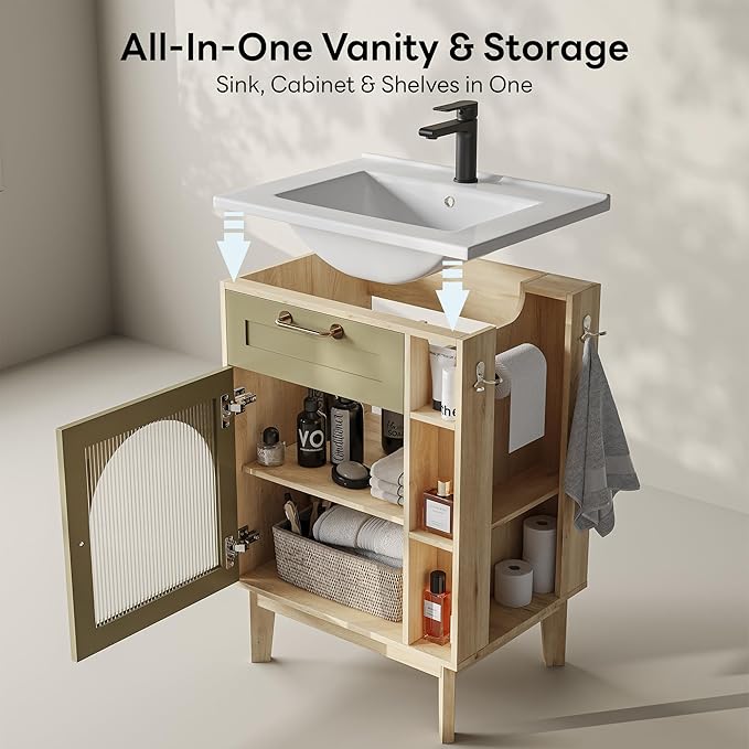 LIKIMIO 24 Inch Bathroom Vanity with Sink, Compact Bathroom Cabinet with Integrated Ceramic Sink, Arched Glass Door Storage with Adjustable Shelf, Towel Bar & Toilet Paper Holder for Small Bath