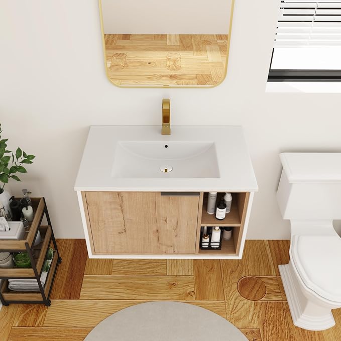 30 Inch Bathroom Vanity with White Sink Combo, Wall-Mounted Bathroom Vanity for Small Space, Bathroom Cabinet with 1 Door&Side Shelf