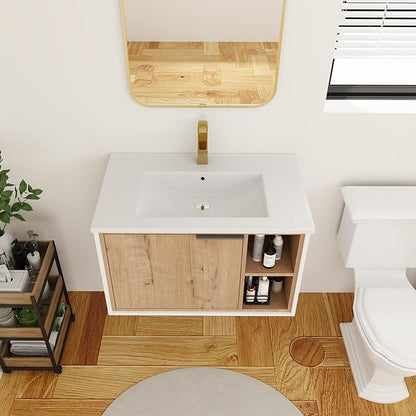 30 Inch Bathroom Vanity with White Sink Combo, Wall-Mounted Bathroom Vanity for Small Space, Bathroom Cabinet with 1 Door&Side Shelf