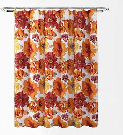 Lush Decor Leah Floral Shower Curtain, 72" W x 72" L, Red & Orange - Fabric Shower Curtains - Watercolor Botanical Bathroom Curtain - Farmhouse & French Country Decor