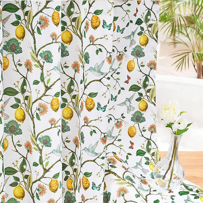 Floral Bird Shower Curtain 72x72, Hummingbird and Lemon Botanical Fabric Bath Curtains, Lightweight Quick-Dry Bathroom Decor Set with Hooks