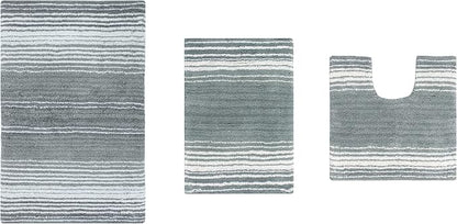 Home Weavers 100% Cotton Gradiation Collection Bathroom Décor | Washable Rug | Bathroom Mat | Kitchen Mat | Bathroom Rug Set | Bath Mat Set | Bath Floor Mat Non Slip, 3 Piece Set with Contour, Gray