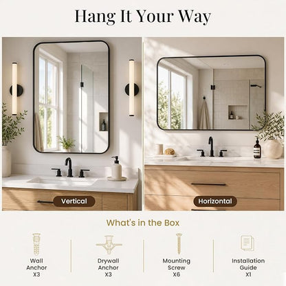2-Pack 22x30 Inch Matte Black Rounded Rectangle Vanity Mirrors | Double Vanity or Two Bathrooms, Pair or Separate Use, Iron Frame, Layered Shadow Box Look, Two-Way Mount