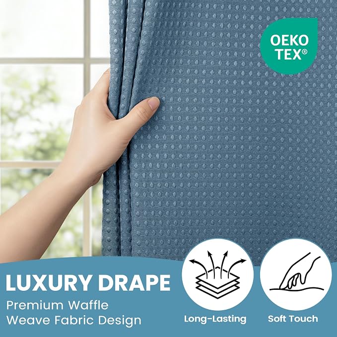 SORTTO No Hook Shower Curtain with Snap in Liner Set Waffle Shower Curtain for Bathroom Hotel Style Fabric Waterproof Inner Liner，71" W x 74" H, Moonlight Blue