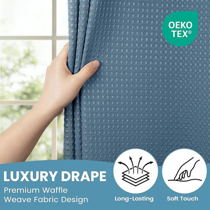 SORTTO No Hook Shower Curtain with Snap in Liner Set Waffle Shower Curtain for Bathroom Hotel Style Fabric Waterproof Inner Liner，71" W x 74" H, Moonlight Blue