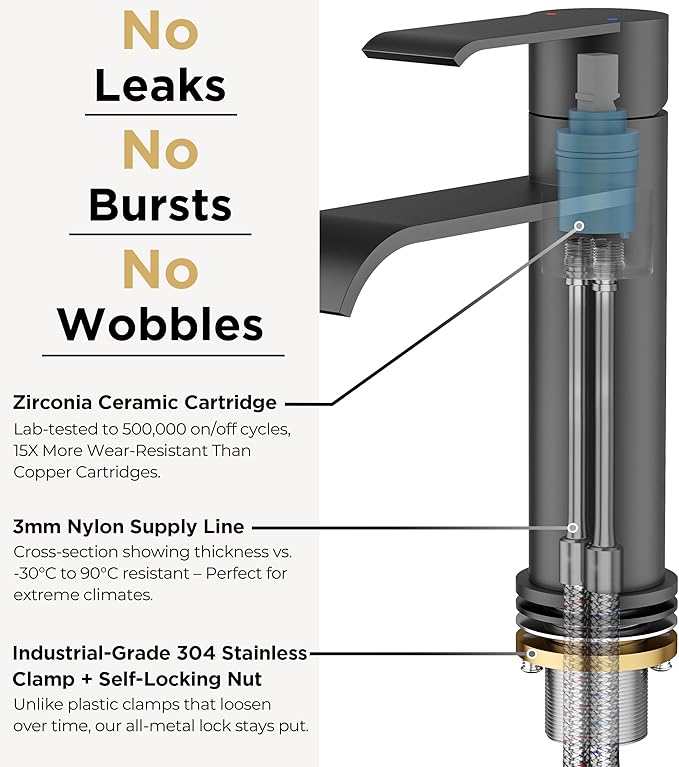 FORIOUS Black Bathroom Faucet 1 Hole, Single Handle Matte Black Waterfall Bathroom Faucet Single Hole for Rv, Lavatory, Restroom Tap with 3 Hole Adapter Deck Plate, Pop Up Drain and 24" Supply Hose