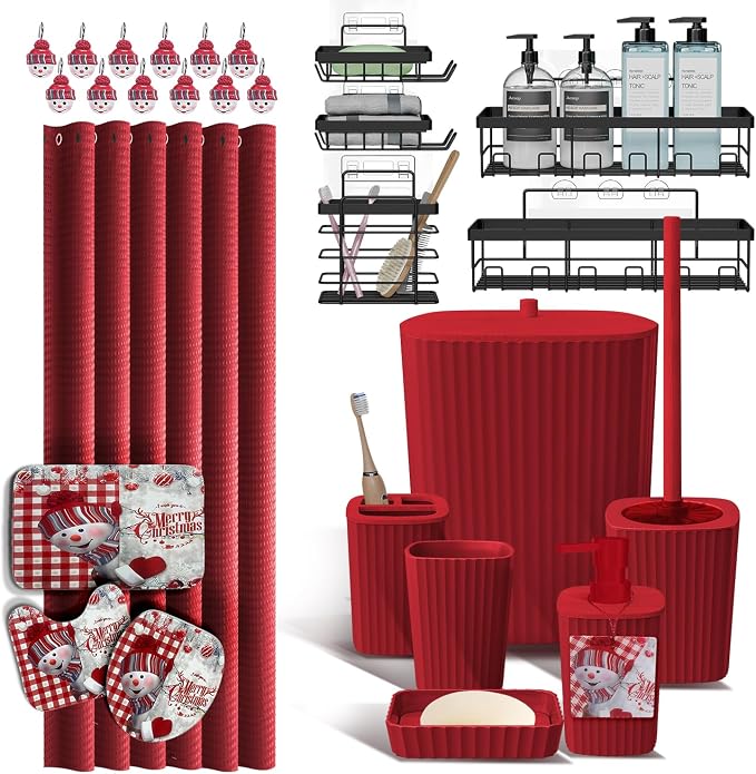 Clara Clark Bathroom Set - Christmas Bathroom Accessories Set, 27PC Bathroom Accessory Set, Christmas Bathroom Sets with Bathroom Rugs, Adhesive Corner Shower Caddy Hanging, Toilet Brush & Trash Can | 27 Piece Xmas Bathroom Sets with Shower Curtain and...