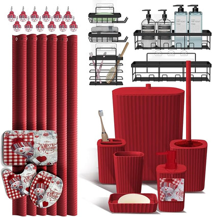 Clara Clark Bathroom Set - Christmas Bathroom Accessories Set, 27PC Bathroom Accessory Set, Christmas Bathroom Sets with Bathroom Rugs, Adhesive Corner Shower Caddy Hanging, Toilet Brush & Trash Can | 27 Piece Xmas Bathroom Sets with Shower Curtain and...