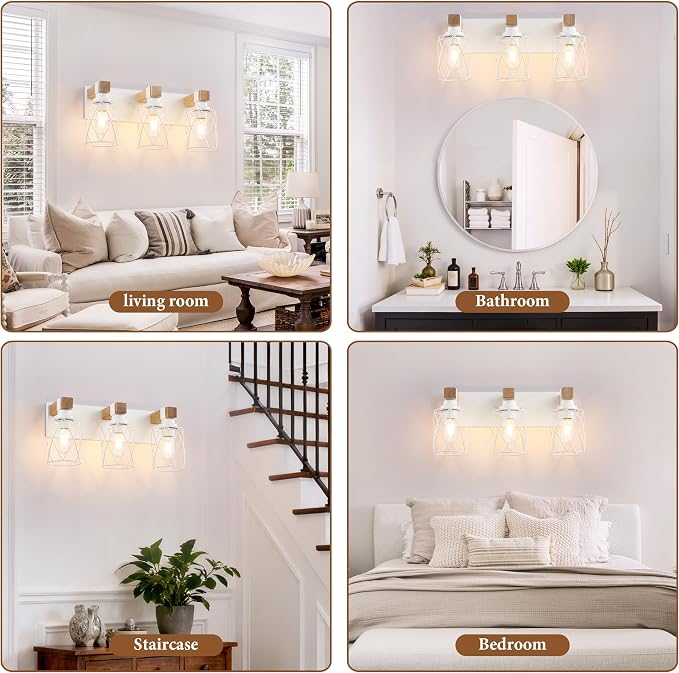 Farmhouse 3-Light Wood Bathroom Vanity Light, White Metal Cage Shade | Mounted Over Mirror, Industrial Rustic Style, Ideal for Bathroom, Bedroom, Hallway & Living Room, Easy To Install