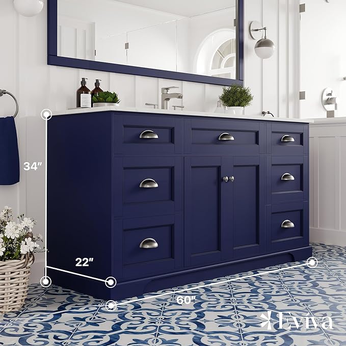 Eviva Epic 60 in. Blue Bathroom Vanity with White Carrara Quartz Countertop