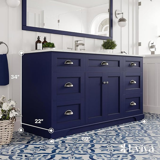 Eviva Epic 60 in. Blue Bathroom Vanity with White Carrara Quartz Countertop